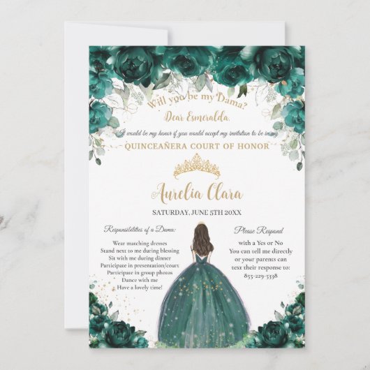 Quinceañera Emerald Groen Bloemen Dama Aanvraag Kaart (Voorkant)