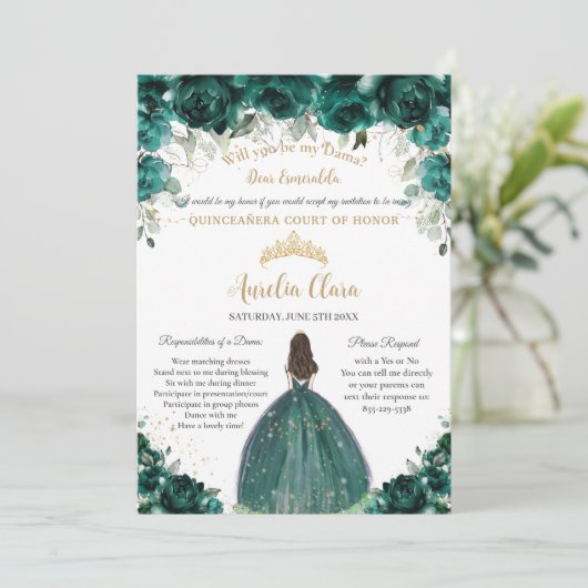 Quinceañera Emerald Groen Bloemen Dama Aanvraag Kaart (Staand voorkant)