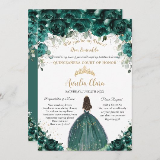 Quinceañera Emerald Groen Bloemen Dama Aanvraag Kaart (Voorkant / Achterkant)