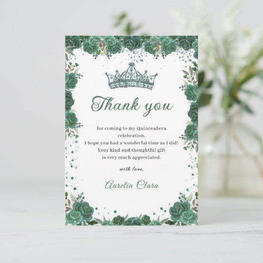 Quinceañera Emerald Groen Bloemen Dank u kaart (Staand voorkant)