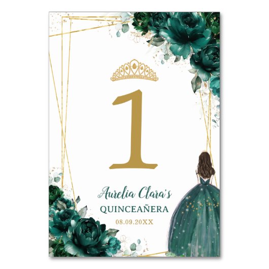 Quinceañera Emerald Groen Bloemen Goud Meisje Jurk Kaart (Voorkant)