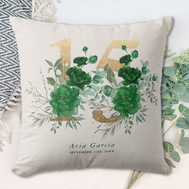 Quinceanera Emerald Groen Bloemen Goud Nummer 15 Kussen (15th birthday pillow from the Royal Rose Emerald Green Quinceanera Collection by Darling & May)