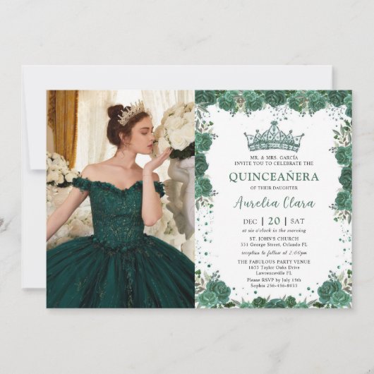 Quinceañera Emerald Groen Bloemen Kroon Verjaardag Kaart (Voorkant)