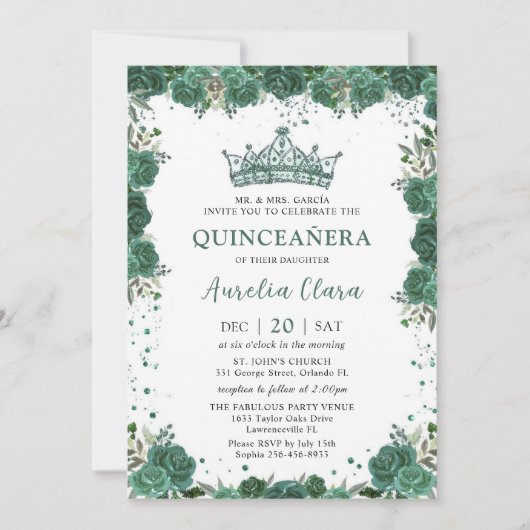 Quinceañera Emerald Groen Bloemen Kroon Verjaardag Kaart (Voorkant)