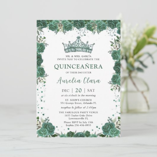 Quinceañera Emerald Groen Bloemen Kroon Verjaardag Kaart (Staand voorkant)