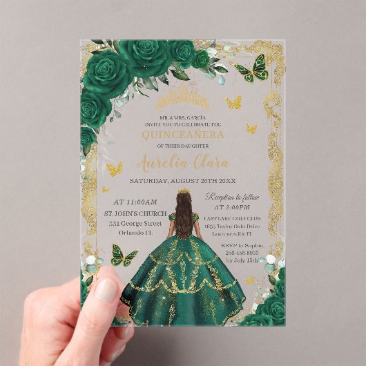 Quinceañera Emerald Groen Bloemen Prinses Goud Acryl Uitnodigingen (Insitu (Draagbaar))