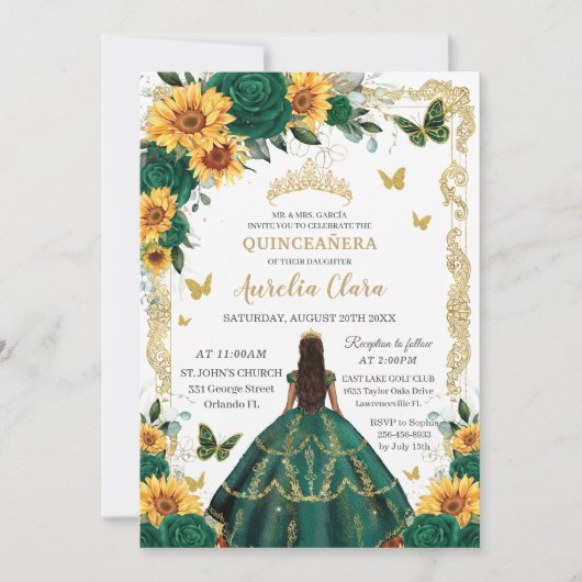 Quinceañera Emerald Groen Bloemen Zonnebloemen Gou Kaart (Voorkant)