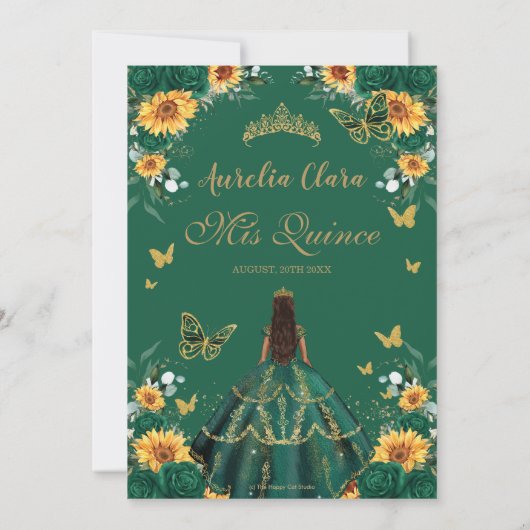 Quinceañera Emerald Groen Bloemen Zonnebloemen Gou Kaart (Achterkant)