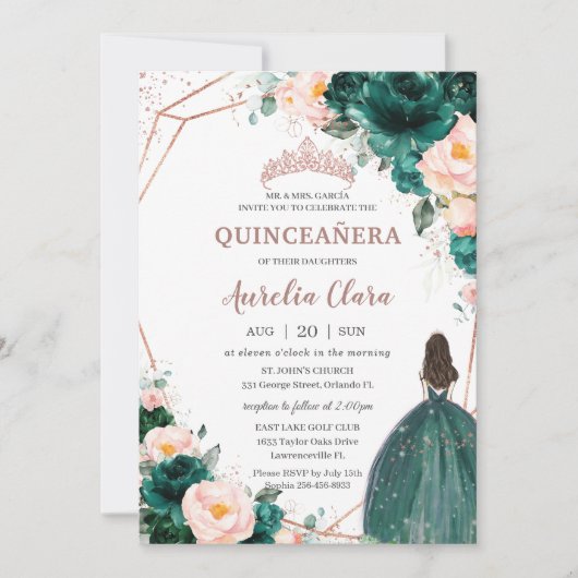 Quinceañera Emerald Groen Blush Bloemen Roos Goud Kaart (Voorkant)