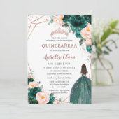 Quinceañera Emerald Groen Blush Bloemen Roos Goud Kaart (Staand voorkant)
