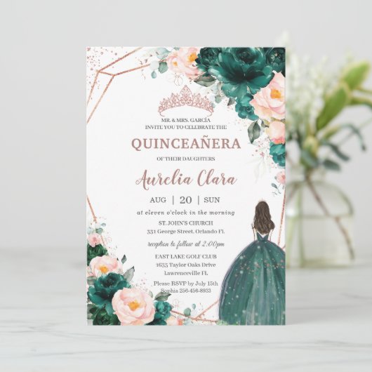 Quinceañera Emerald Groen Blush Bloemen Roos Goud Kaart (Staand voorkant)