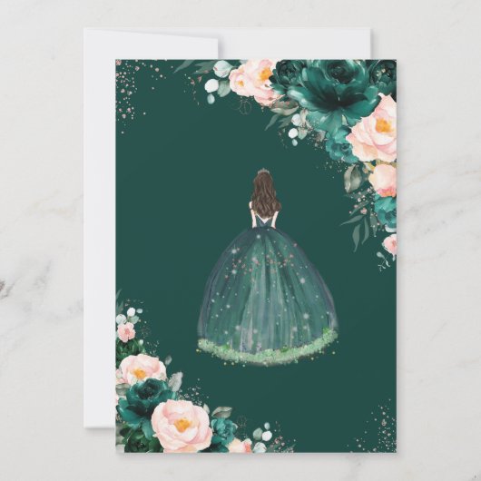 Quinceañera Emerald Groen Blush Bloemen Roos Goud Kaart (Achterkant)