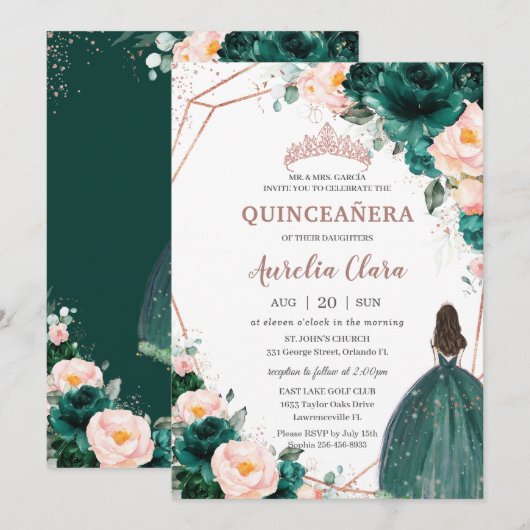 Quinceañera Emerald Groen Blush Bloemen Roos Goud Kaart (Voorkant / Achterkant)