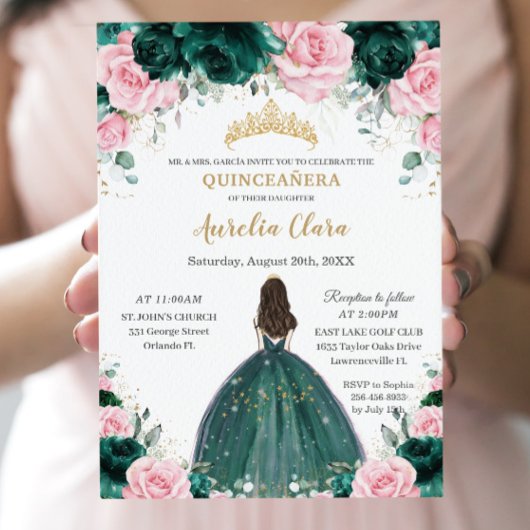 Quinceañera Emerald Groen Roze Bloemen Prinses Kaart