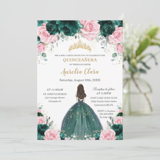 Quinceañera Emerald Groen Roze Bloemen Prinses Kaart (Staand voorkant)