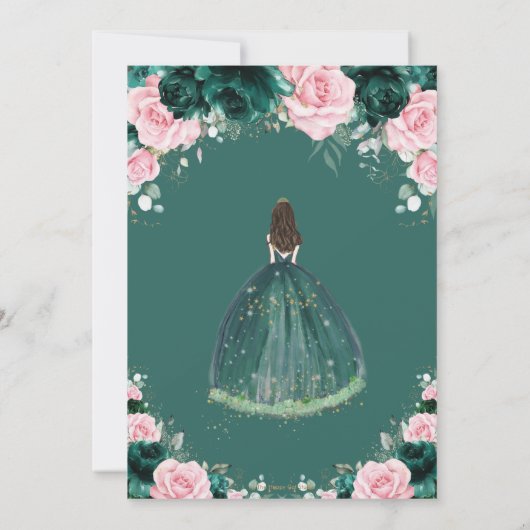 Quinceañera Emerald Groen Roze Bloemen Prinses Kaart (Achterkant)