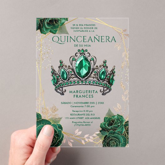 Quinceañera Emerald Groen Tiara Bloemen Spaans Acryl Uitnodigingen (Insitu (Draagbaar))