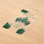 Quinceañera Emerald Groen Tiara Bloemen Spaans Acryl Uitnodigingen (Laagn)