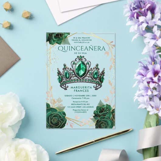 Quinceañera Emerald Groen Tiara Bloemen Spaans Acryl Uitnodigingen (Insitu (Huwelijk))