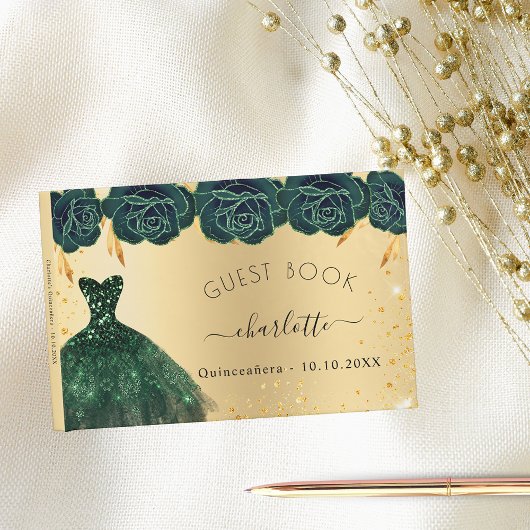 Quinceanera emerald groene goudbloemen gastenboek
