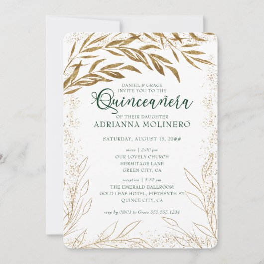 Quinceanera en Mass Elegant Green en Gold Leaves Kaart (Voorkant)