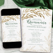 Quinceanera en Mass Elegant Green en Gold Leaves Kaart