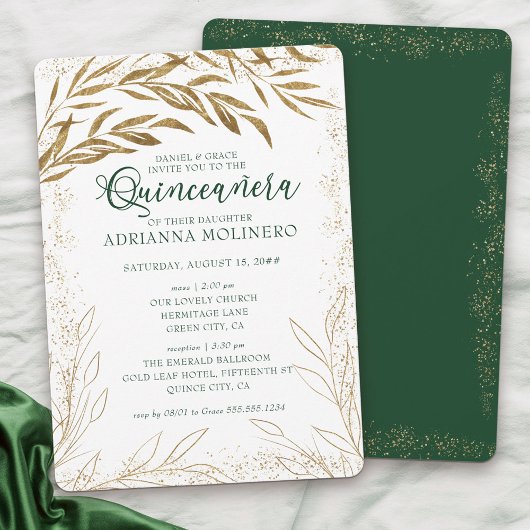 Quinceanera en Mass Elegant Green en Gold Leaves Kaart