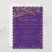 Quinceanera en Mass Luxury Paarse en Gold Leaves Kaart (Voorkant)