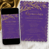 Quinceanera en Mass Luxury Paarse en Gold Leaves Kaart