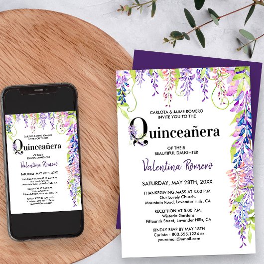 Quinceanera en Mass Paarse Floral Wisteria Kaart