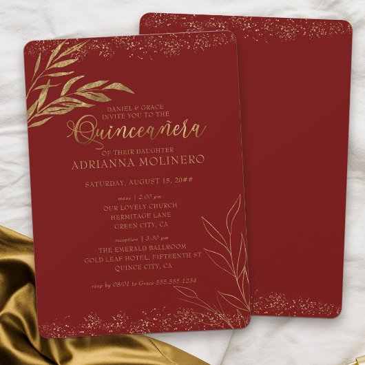 Quinceanera en Mass Red en Gold Leaf Kaart