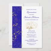 Quinceanera en Mass Royal Blauw en Gouden Bloemen Kaart (Voorkant)