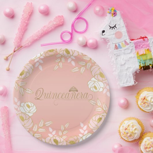 Quinceanera en Tiara Botanical in roze en goud Papieren Bordje (Feest)