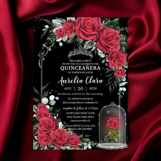 Quinceañera Enchanted Red Rose Bloemen Zwart Zilve Kaart