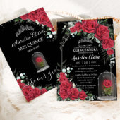 Quinceañera Enchanted Red Rose Bloemen Zwart Zilve Kaart