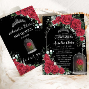 Quinceañera Enchanted Red Rose Bloemen Zwart Zilve Kaart