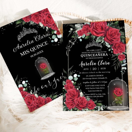 Quinceañera Enchanted Red Rose Bloemen Zwart Zilve Kaart