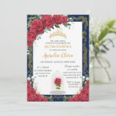 Quinceañera Enchanted Red Rose Blue Gold Kaart (Staand voorkant)