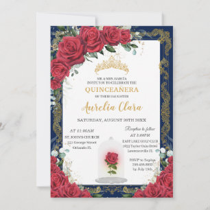 Quinceañera Enchanted Red Rose Blue Gold Kaart