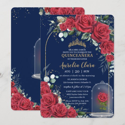 Quinceañera Enchanted Red Rose Floral Navy Blue Kaart (Voorkant / Achterkant)