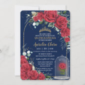 Quinceañera Enchanted Red Rose Floral Navy Blue Kaart (Voorkant)