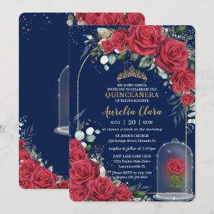 Quinceañera Enchanted Red Rose Floral Navy Blue Kaart