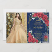 Quinceañera Enchanted Red Rose Floral Navy Blue Kaart (Voorkant)