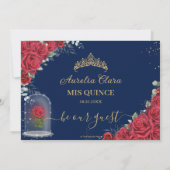 Quinceañera Enchanted Red Rose Floral Navy Blue Kaart (Achterkant)