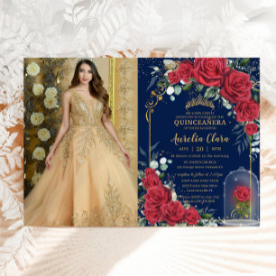 Quinceañera Enchanted Red Rose Floral Navy Blue Kaart