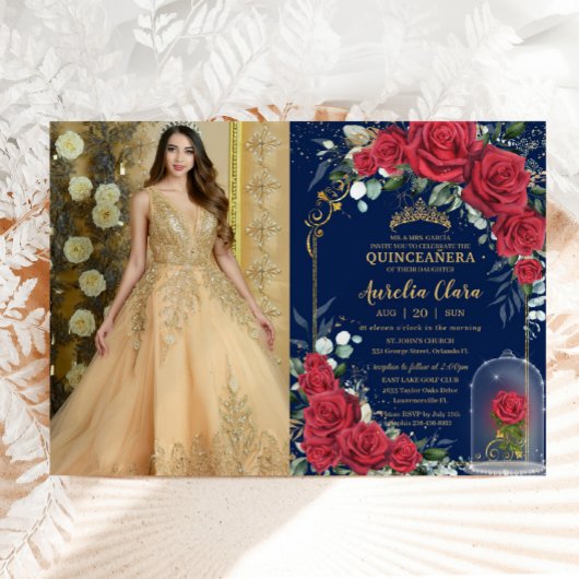Quinceañera Enchanted Red Rose Floral Navy Blue Kaart