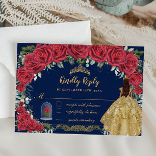 Quinceañera Enchanted Red Rose Floral Navy Blue RSVP Kaartje