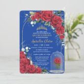 Quinceañera Enchanted Red Rose Floral Royal Blue Kaart (Staand voorkant)