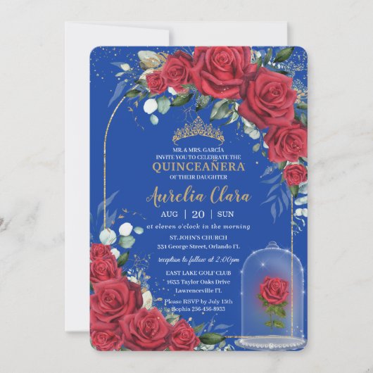 Quinceañera Enchanted Red Rose Floral Royal Blue Kaart (Voorkant)