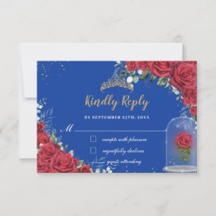 Quinceañera Enchanted Red Rose Floral Royal Blue RSVP Kaartje
